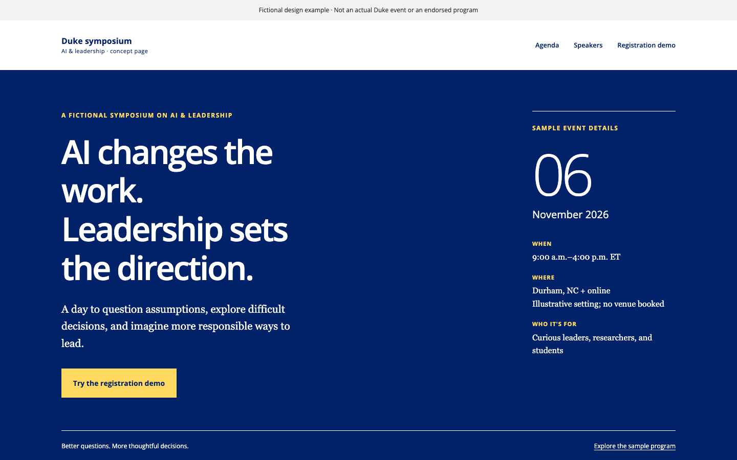 Top of the fictional AI and Leadership Symposium page at desktop width: a navy introduction, sample event details, and a demo registration button, under a banner marking it as a fictional example.